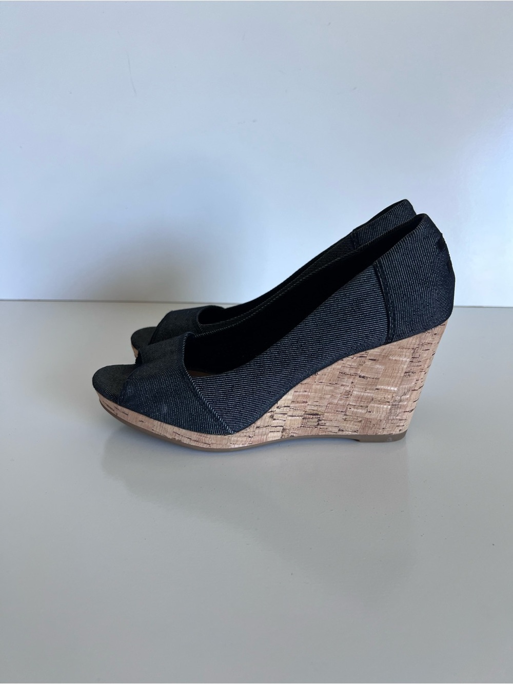 Toms Women's Stella Peep-Toe Cork Wedges Black Denim - Picture 4 of 8